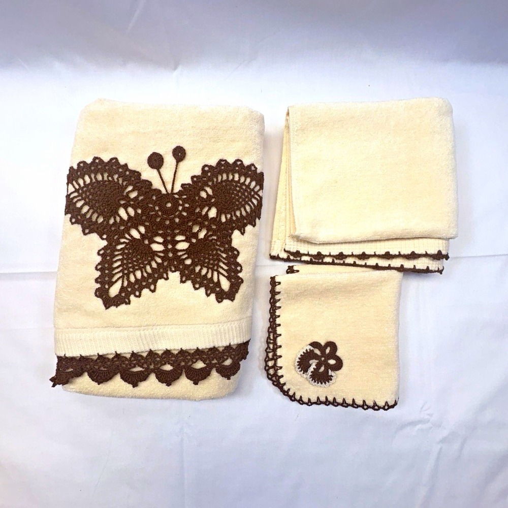Burlington 3pc Towel Set Beige Brown Crochet Butterfly Bath Hand Wash H-547